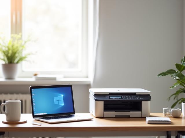Modern home office setup with a Brother MFC printer on a clean desk.